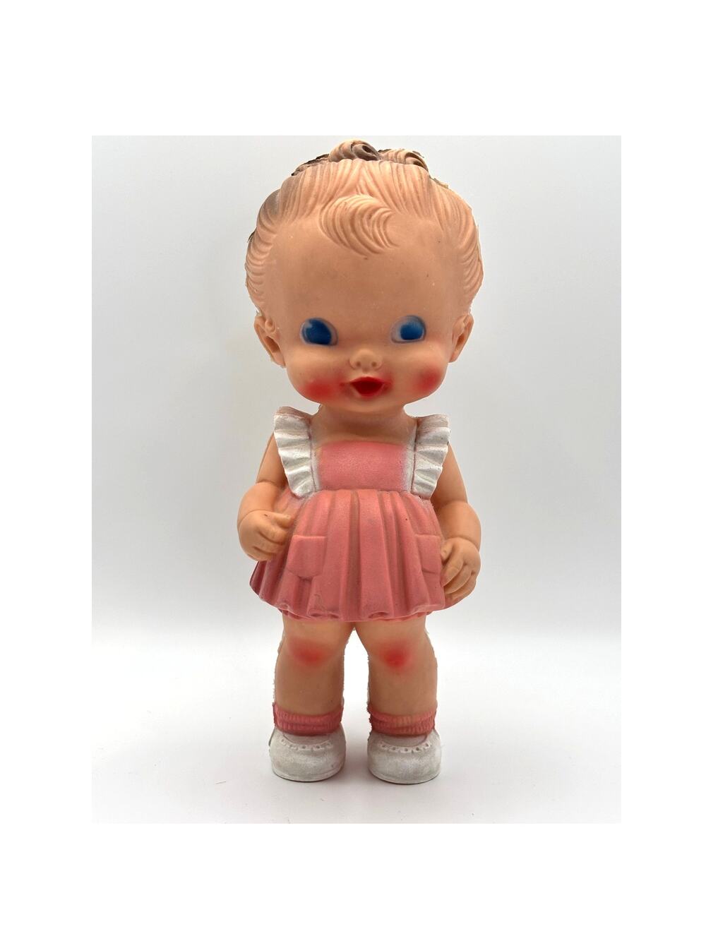 Vintage Ruth B. Newton Sun Rubber Co. Girl in Pink & White Dress, Squeaky Doll